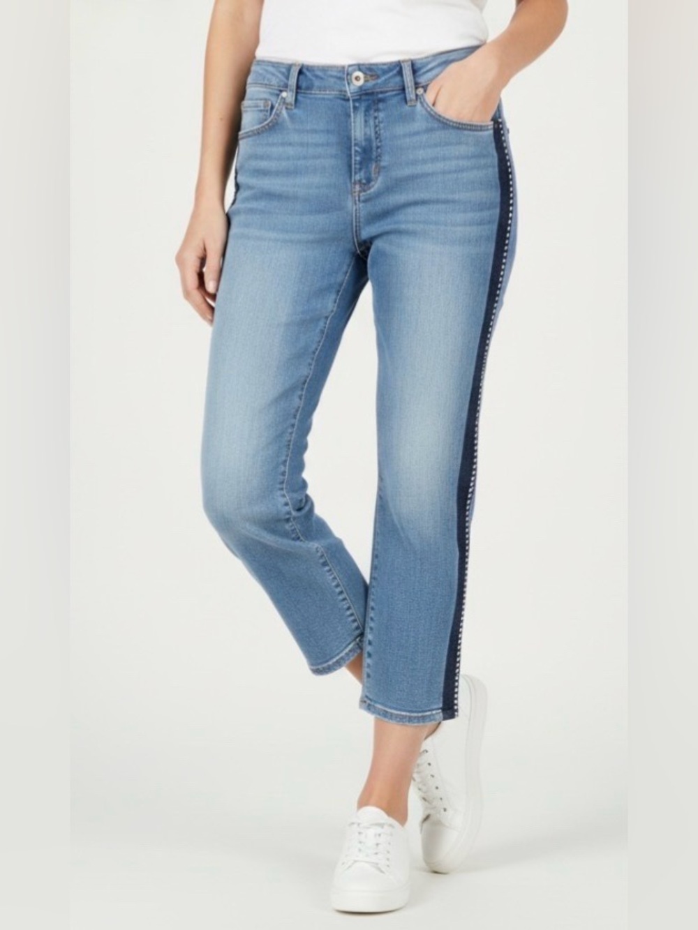 Chico's So Slimming Girlfriend Slim Crop Jeans Blue Side Stripe 6
